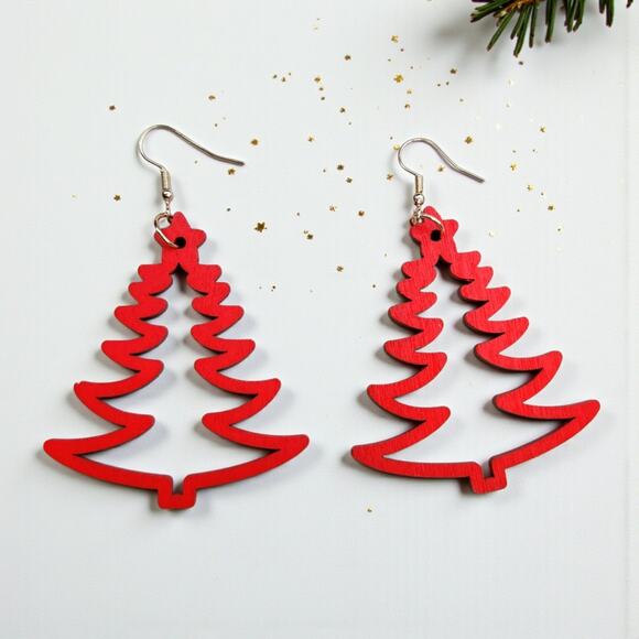 Christmas Tree Earrings Red Wood - Picture 1 of 6